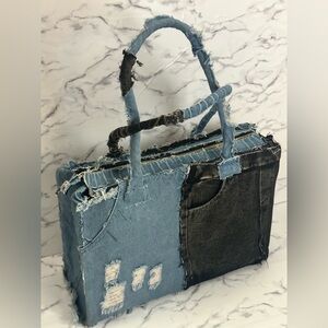 Stylish Denim Patchwork Tote in Blue and Black